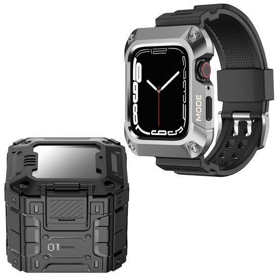 Husa si Curea Compatibile cu Apple Watch 7 / 8 / 9 (45mm) Lito Metal RuggedArmor (LS002) Silver