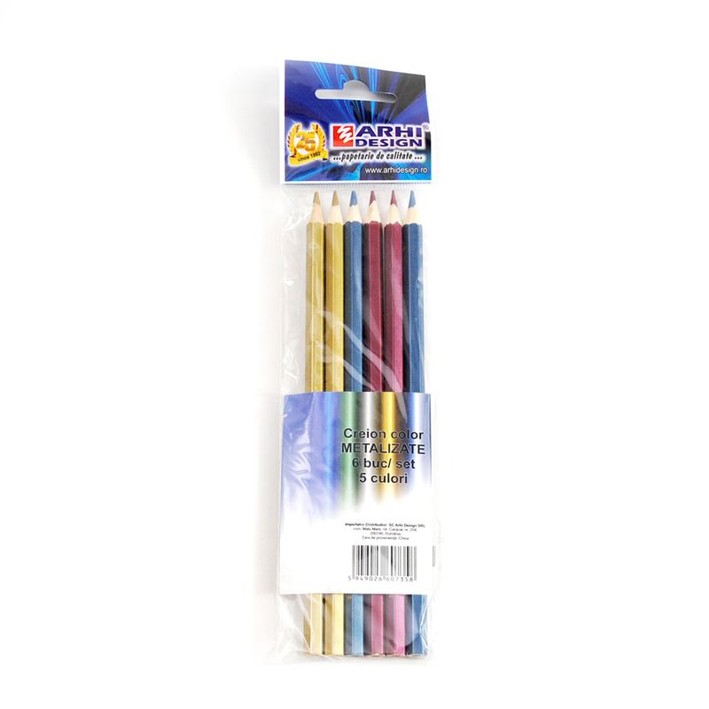 Set 6 creioane colorate Arhi Design, pachet 5 culori metalizate