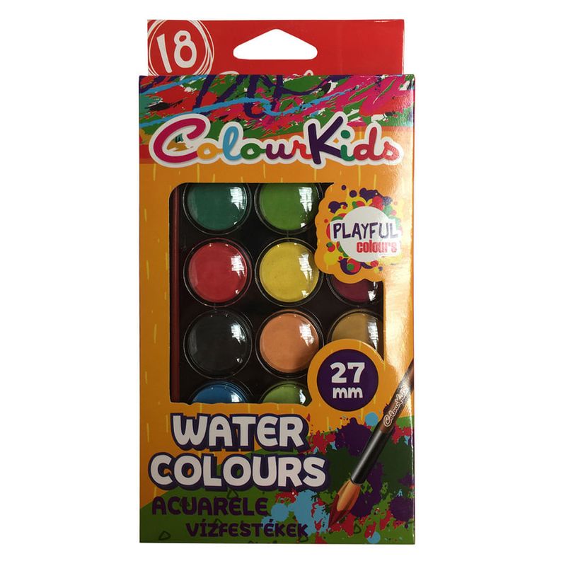 Acuarele semi-uscate Colour Kids cu pensula 27 mm / 18 culori