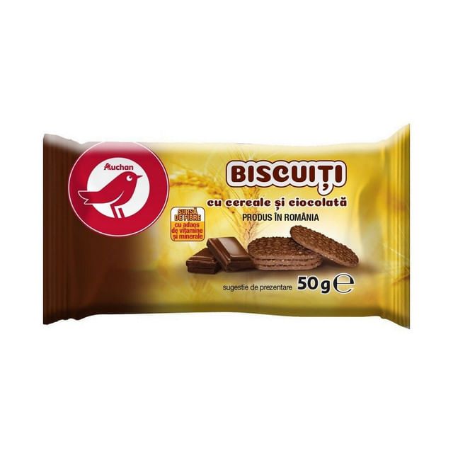 Biscuiti cu cereale si ciocolata Auchan, 50g