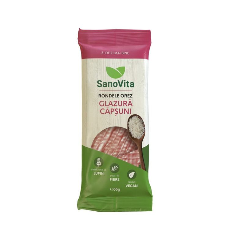 Rondele din orez SanoVita, glazura de capsuni, 66 g