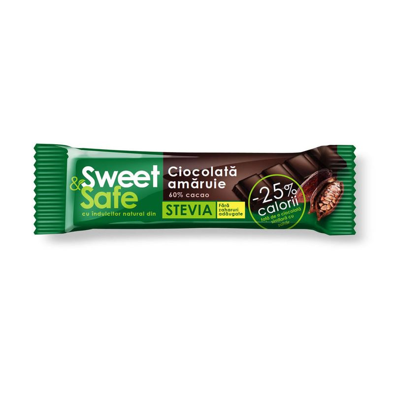 Ciocolata amaruie cu 60% cacao Sweet & Safe, 25 g