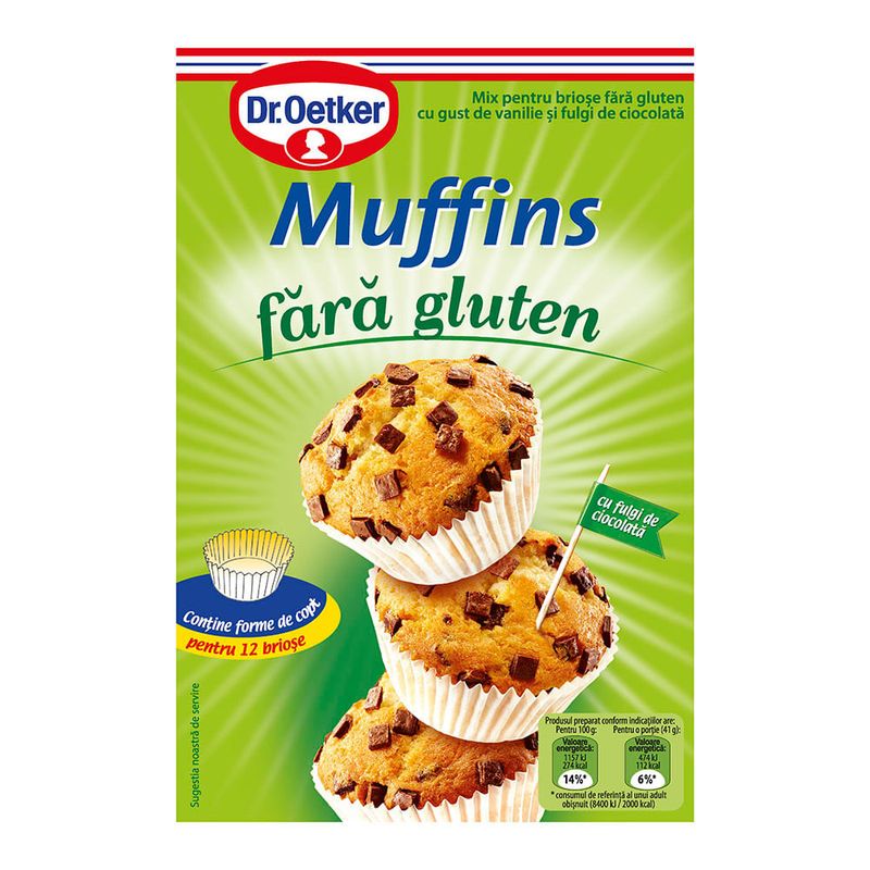 Mix pentru muffins fara gluten cu gust de vanilie si fulgi de ciocolata Dr. Oetker, 320 g
