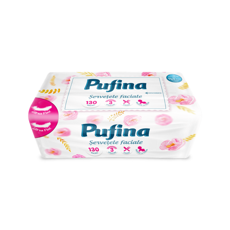 Servetele faciale Pufina Ultra Soft Mega Pack, 3 straturi, 130 bucati
