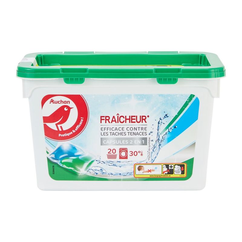 Detergent de rufe capsule cu parfum Fresh, Auchan, 2 in 1, 20 capsule
