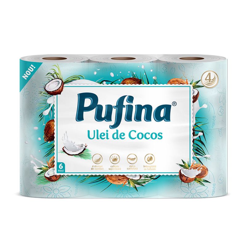 Hartie igienica Pufina Lux parfum Cocos 6 role, 4 straturi