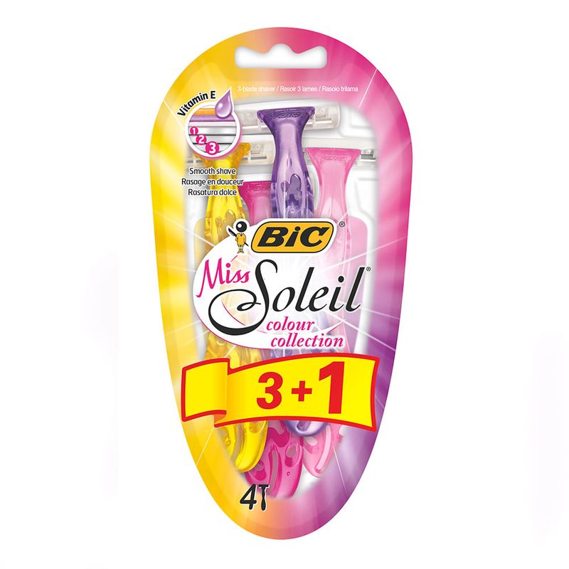 Aparat de ras dispozabil pentru femei BIC Miss Soleil Color Collection cu 3 lame, pachet 4 bucati
