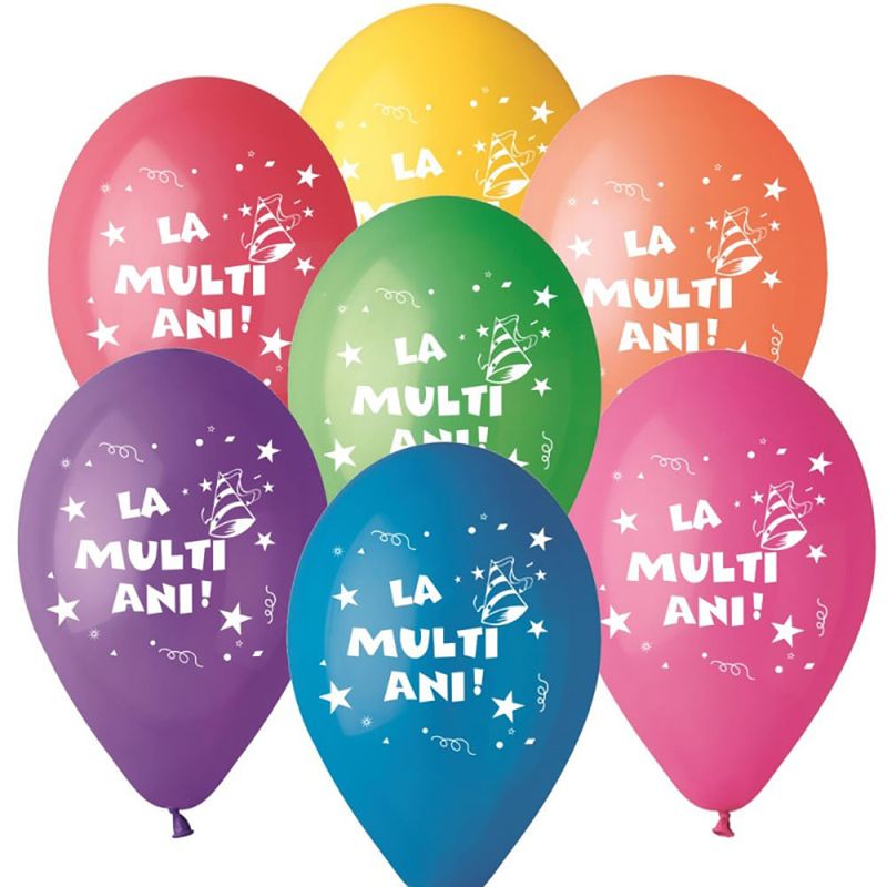 Set baloane Radar, inscriptionate cu �La multi ani�, 10 bucati, diverse culori