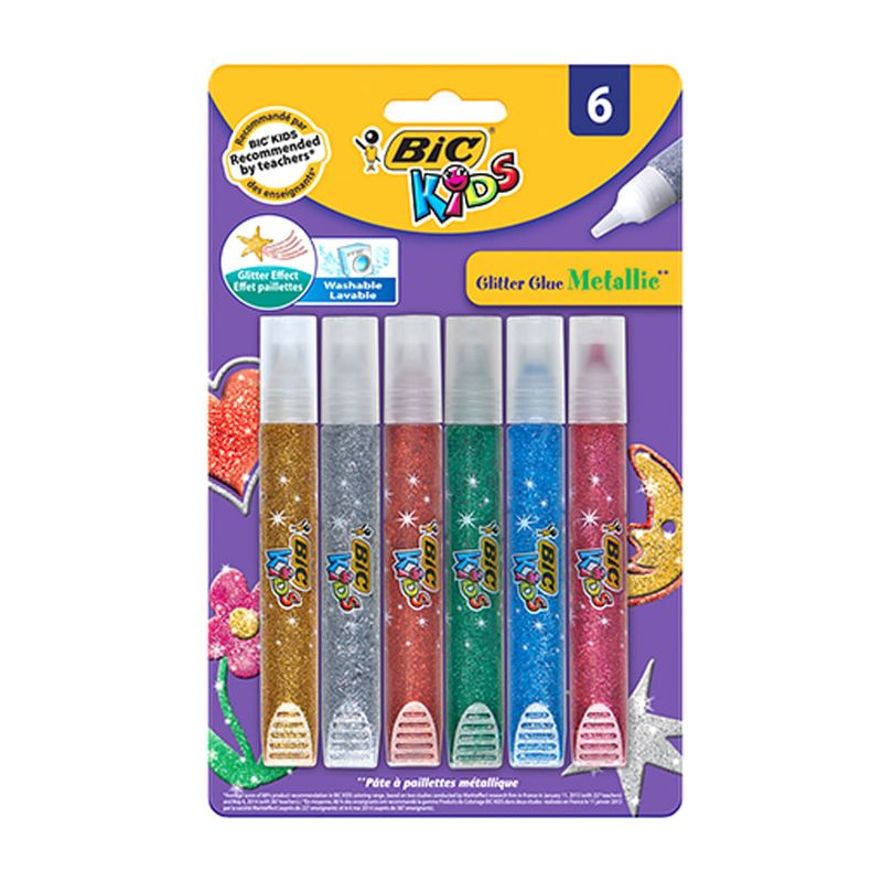 Set adeziv colorat Bic Glitter Glue, pachet 6 culori metalizate