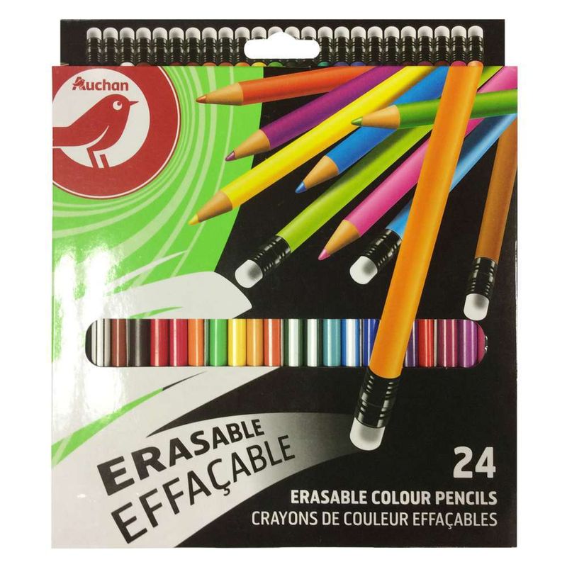 Creioane colorate Auchan cu radiera, 24 bucati