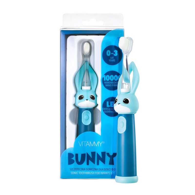 Periuta de dinti electrica Vitammy Bunny Blue, pentru copii 0-3 ani, cu lumina LED si efecte sonore, 24.000 de miscari sonice min, 2 programe de periaj, fibre nano