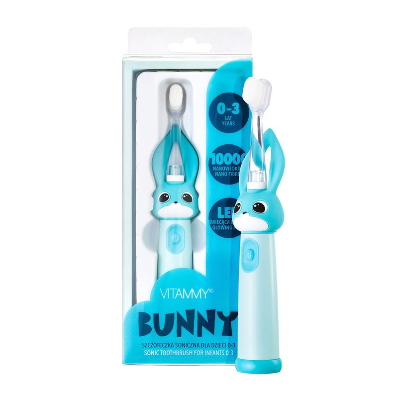 Periuta de dinti electrica Vitammy Bunny Light Blue, pentru copii 0-3 ani, cu lumina LED si efecte sonore, 24.000 de miscari sonice min, 2 programe de periaj, fibre nano