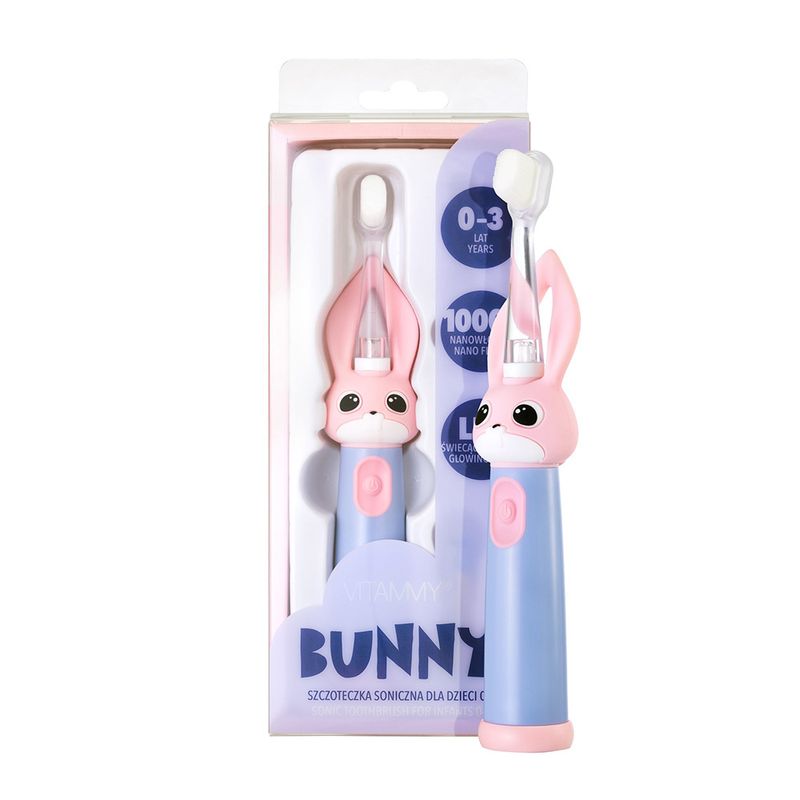 Periuta de dinti electrica Vitammy Bunny Pink, pentru copii 0-3 ani, cu lumina LED si efecte sonore, 24.000 de miscari sonice min, 2 programe de periaj, fibre nano
