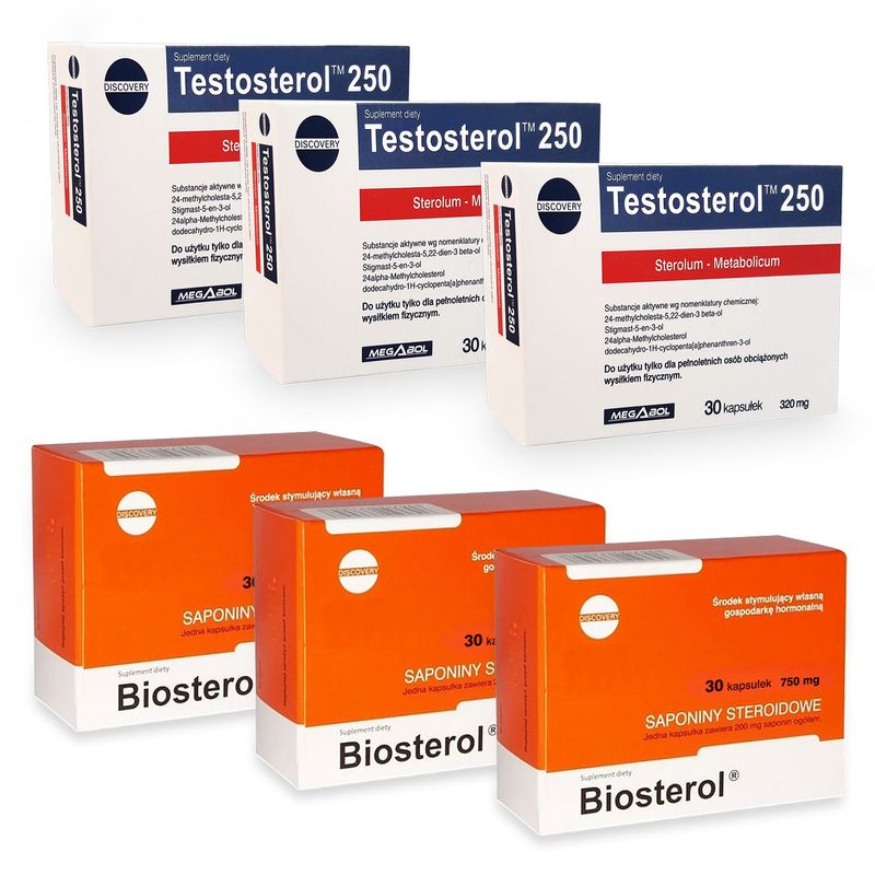 Pachet Megabol Biosterol 750 mg, 90 cps plus Testosterol 250, 90 cps, stimulare testosteron si hormon de crestere, inhibare estrogen