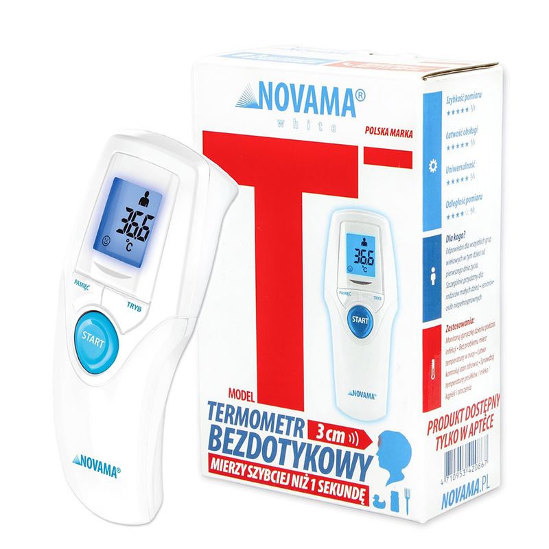 Termometru non-contact Novama White T1S, memorie pentru 30 de masuratori, iluminare ecran, mod silentios de noapte, alarma febra, oprire automata, Alb