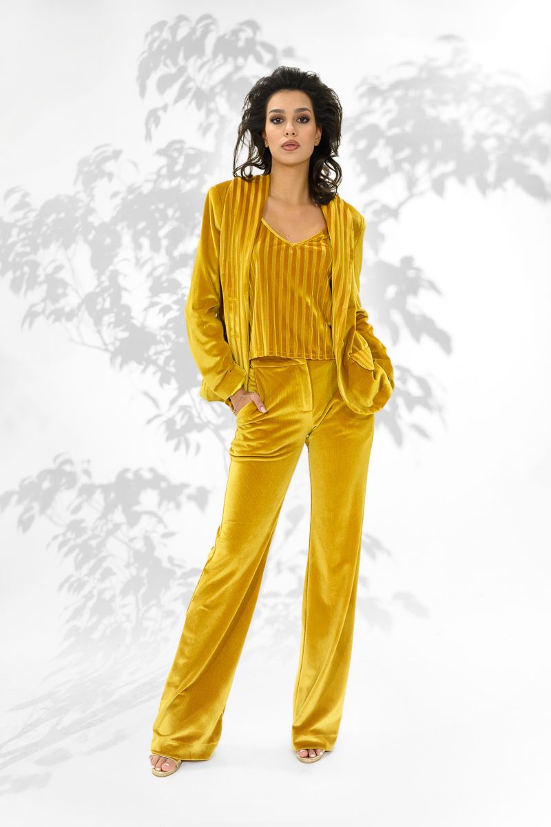 Costum galben din catifea cu sacou  top si pantaloni Manish Yellow-L