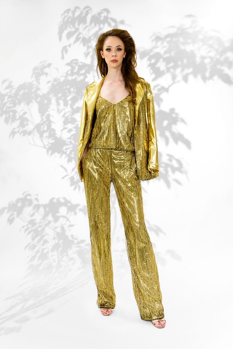 Costum auriu din material lucios cu paiete cu sacou  top si pantaloni Strong Gold