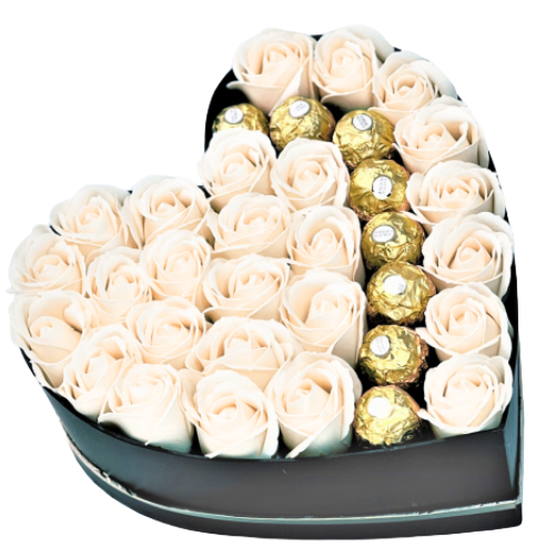 Aranjament cu trandafiri din sapun Champagne  si praline de ciocolata Ferrero Rocher SUM225