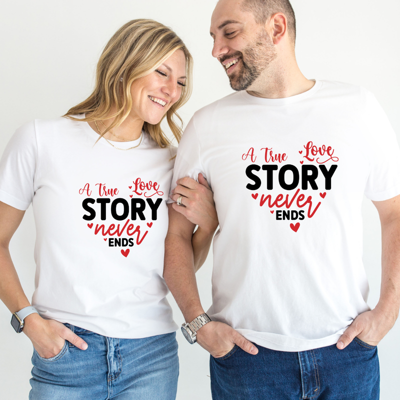 Set tricouri pentru cuplu personalizate Valentines Day VD2435 A True Love Story Never Ends