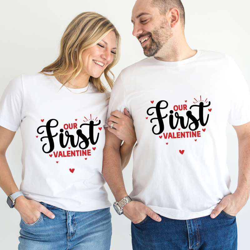 Set tricouri pentru cuplu personalizate Valentines Day VD2436 Our first valentine