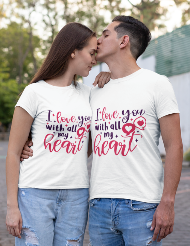 Set de tricouri cuplu I love you with all my heart personalizate cu tematica Valentines Day