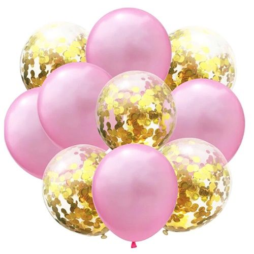 Set 10 baloane transparente cu confetti Roz deschis, auriu, 30 cm