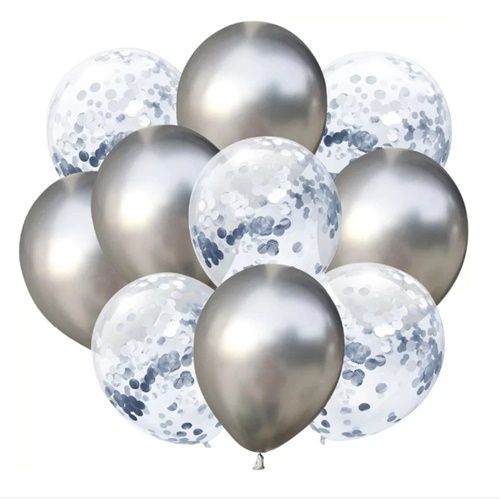Set 10 baloane transparente cu confetti Argintiu, 30 cm