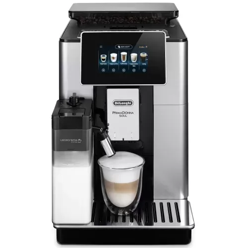 Espressor cafea automat De’Longhi PrimaDonna SOUL ECAM 610.55.SB, Carafa pentru lapte, Sistem LatteCrema, Rasnita cu tehnologie Bean Adapt, Coffee Link App, 1450W, 19 bar,2.2 l, Negru - Argintiu